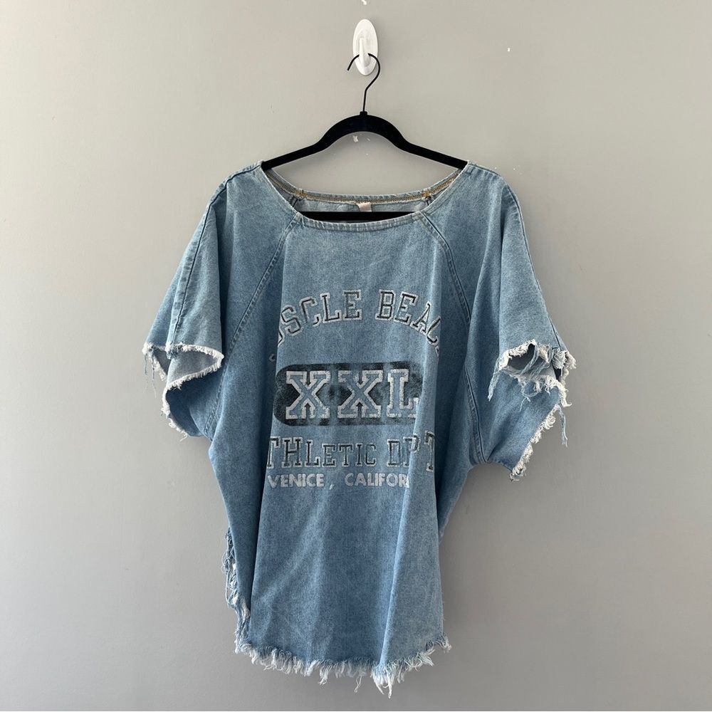 Vintage Oversized Denim Top Muscle Beach Athletic Department Venice CA Raw Hem